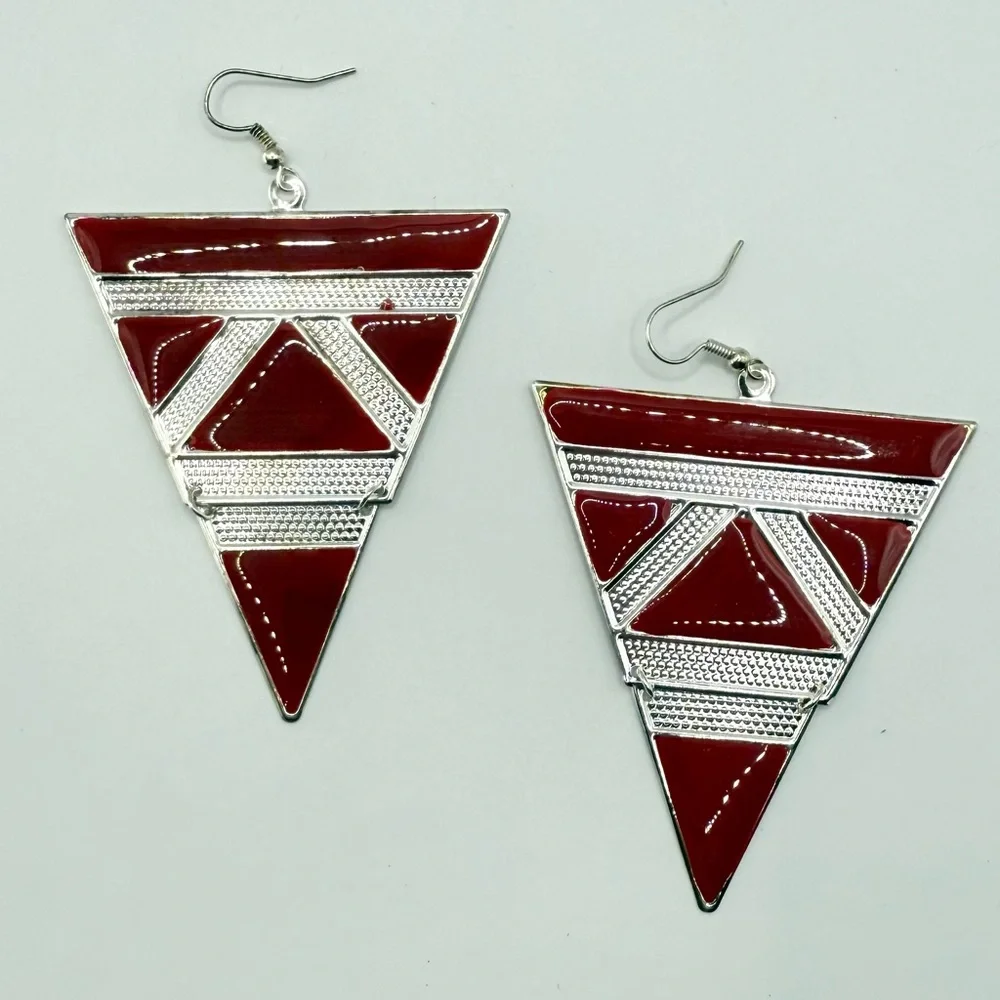 Red Silver Triangle Drop Earrings | Geometric Art Deco Statement